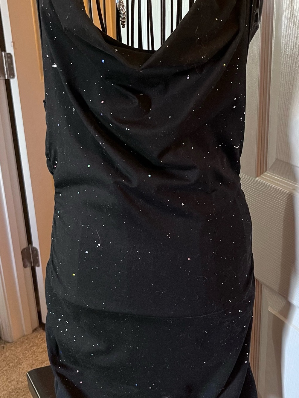 Elegant Black Cowl Neck Dress with Subtle Speckle Detail